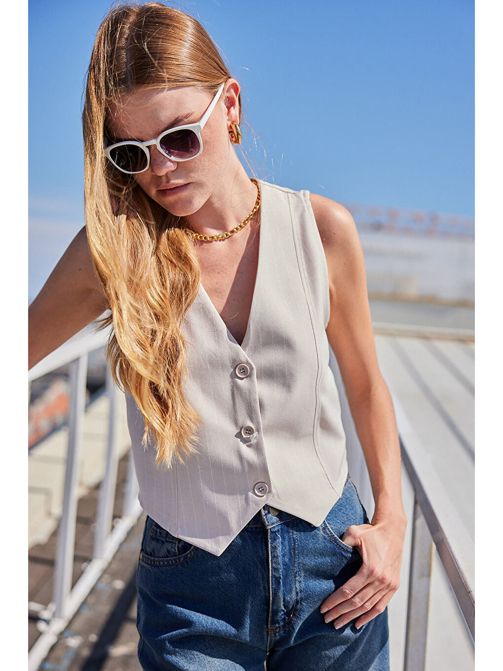 6794 Çizgili Dokuma Yelek - Bej-2