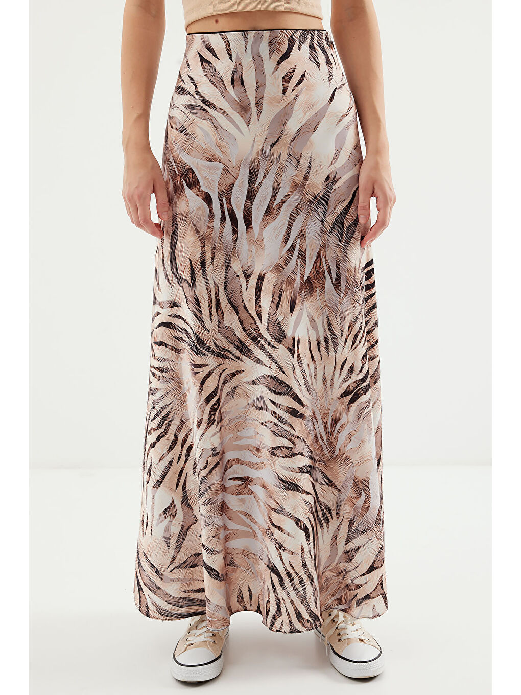 Kadın Desenli Saten Etek 15877 - Bej-2