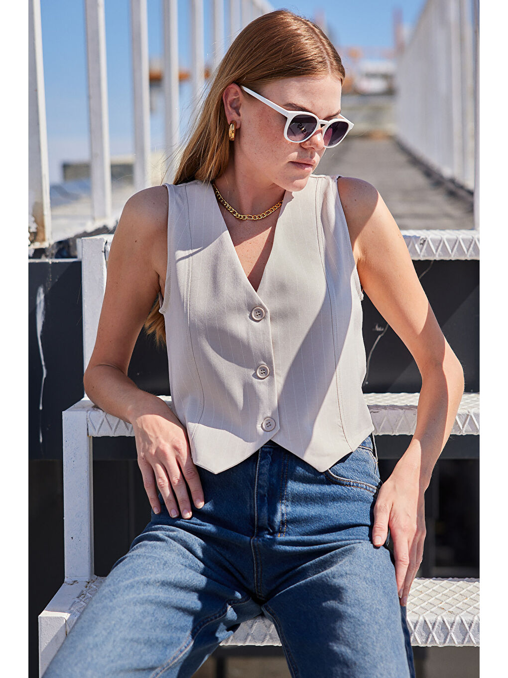 6794 Çizgili Dokuma Yelek - Bej-3