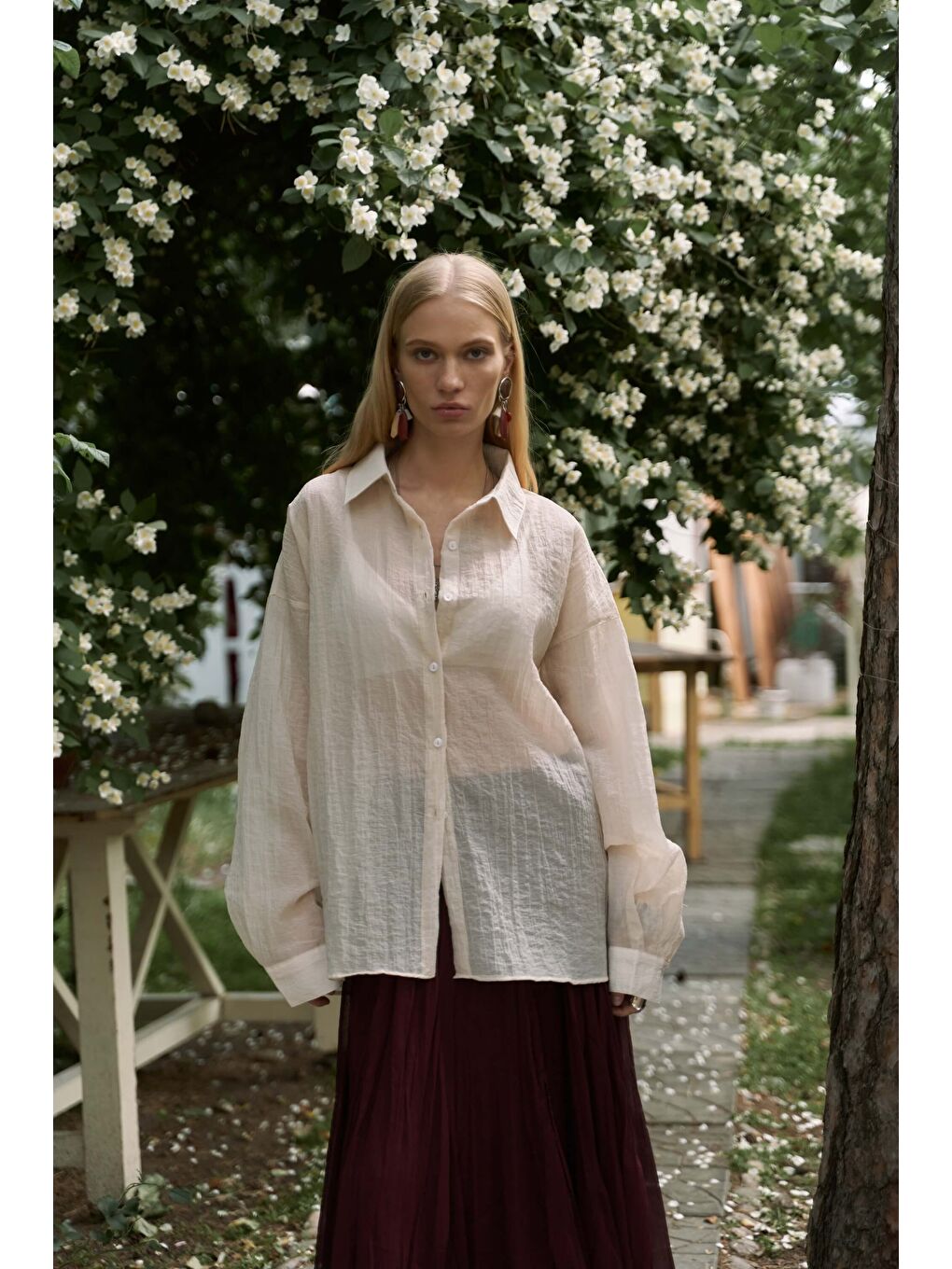 Syaritta Oversize Bej Transparan Gömlek-5