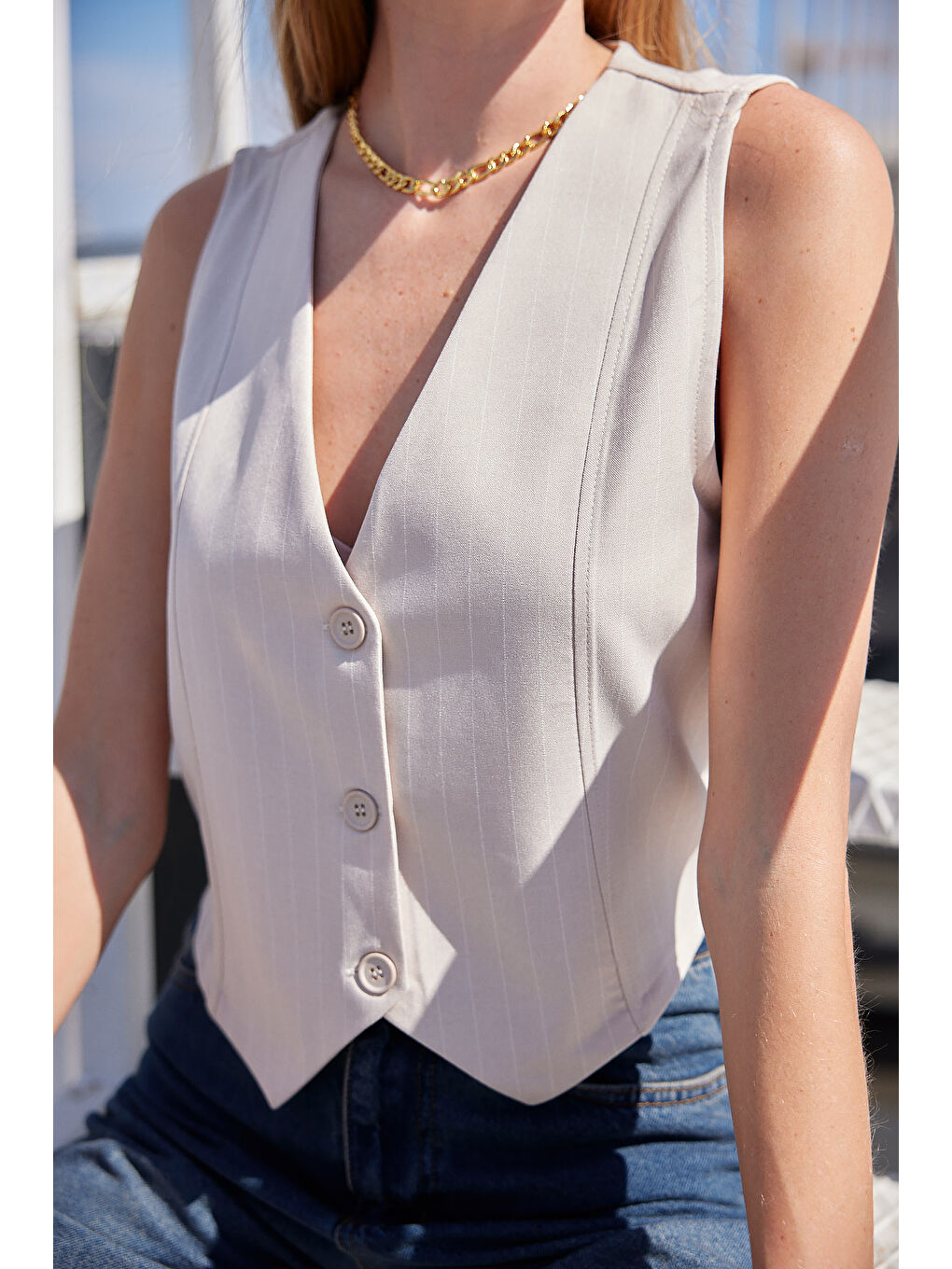 6794 Çizgili Dokuma Yelek - Bej-5