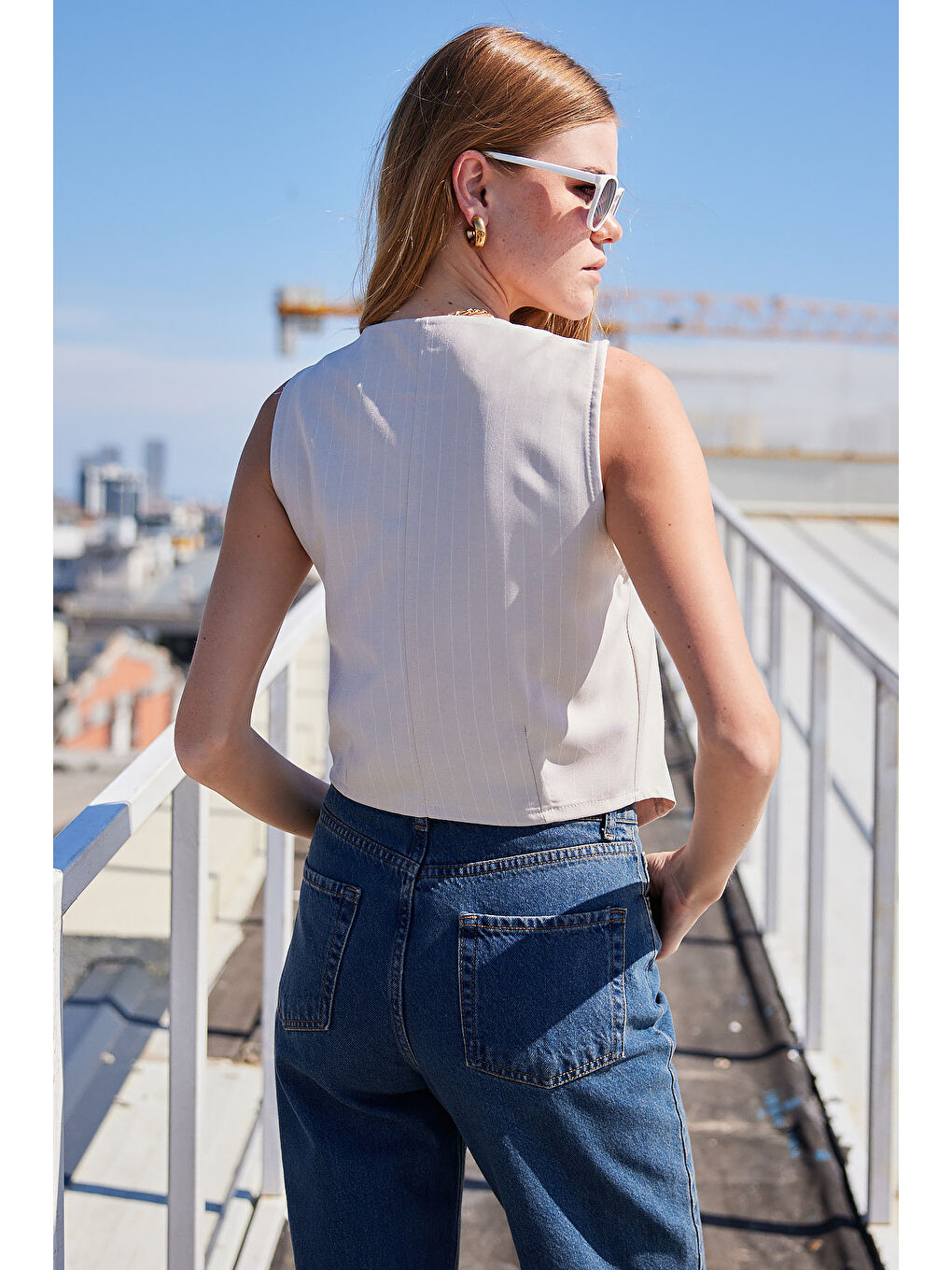 6794 Çizgili Dokuma Yelek - Bej-6