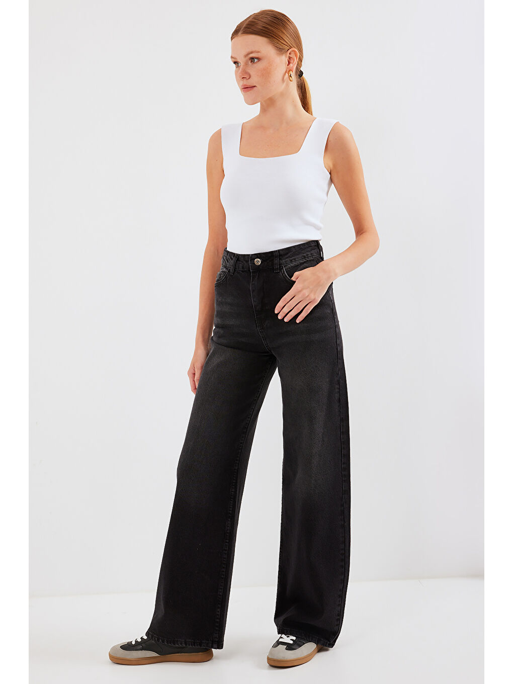 6702 Kadın Bol Paça Yüksek Bel Palazzo Jean Pantolon   Siyah-4