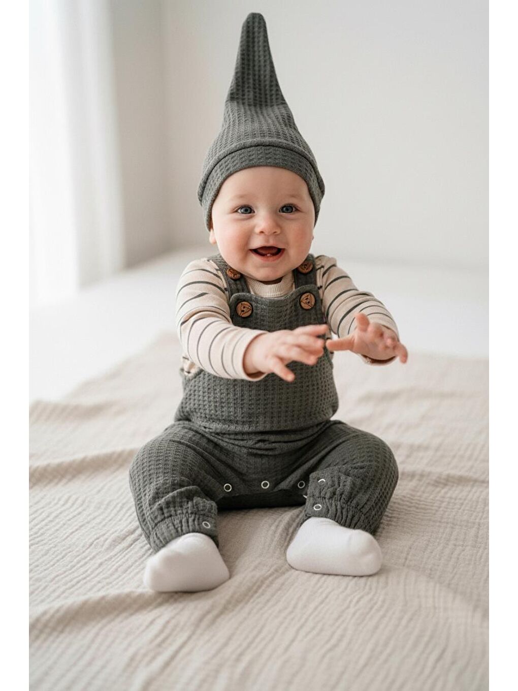 Haki Elastanlı Gofre Salopet Sweat Bere 3lü Takım-3