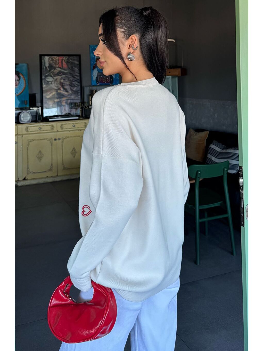 Ekru Kalp Nakışlı Kadın Triko Kazak-3