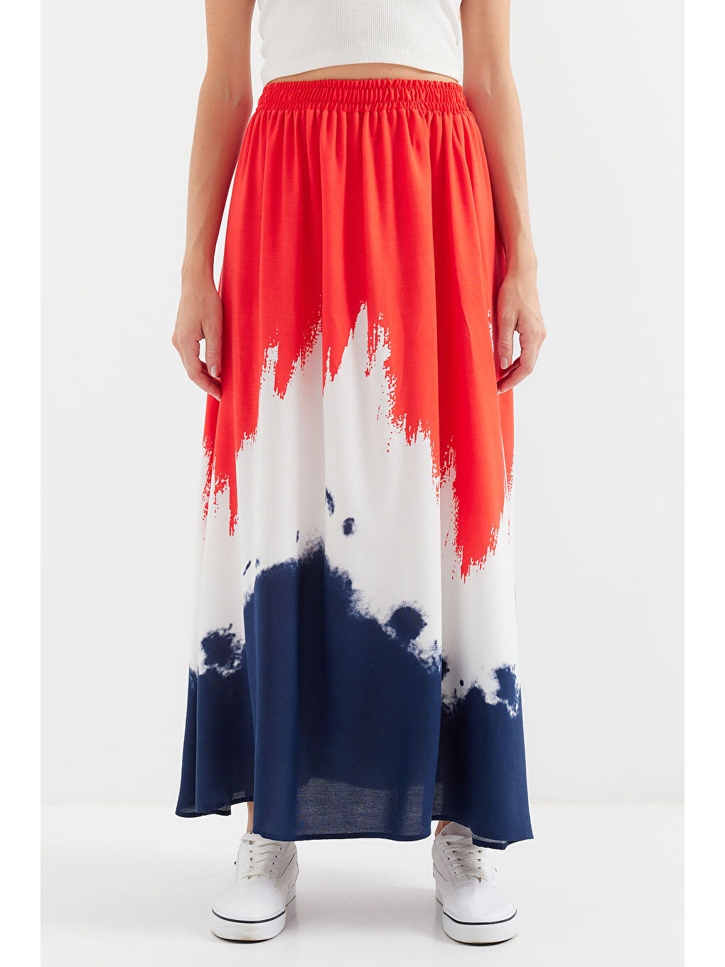 8025 Desenli Uzun Viskon Etek - Kırmızı-1