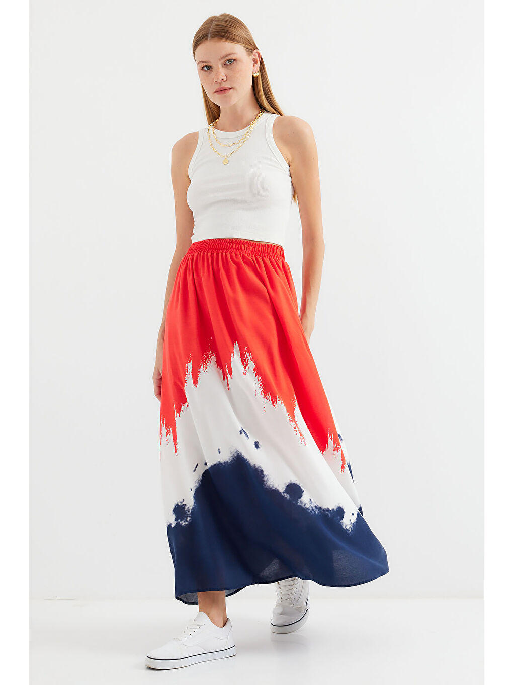 8025 Desenli Uzun Viskon Etek - Kırmızı-2