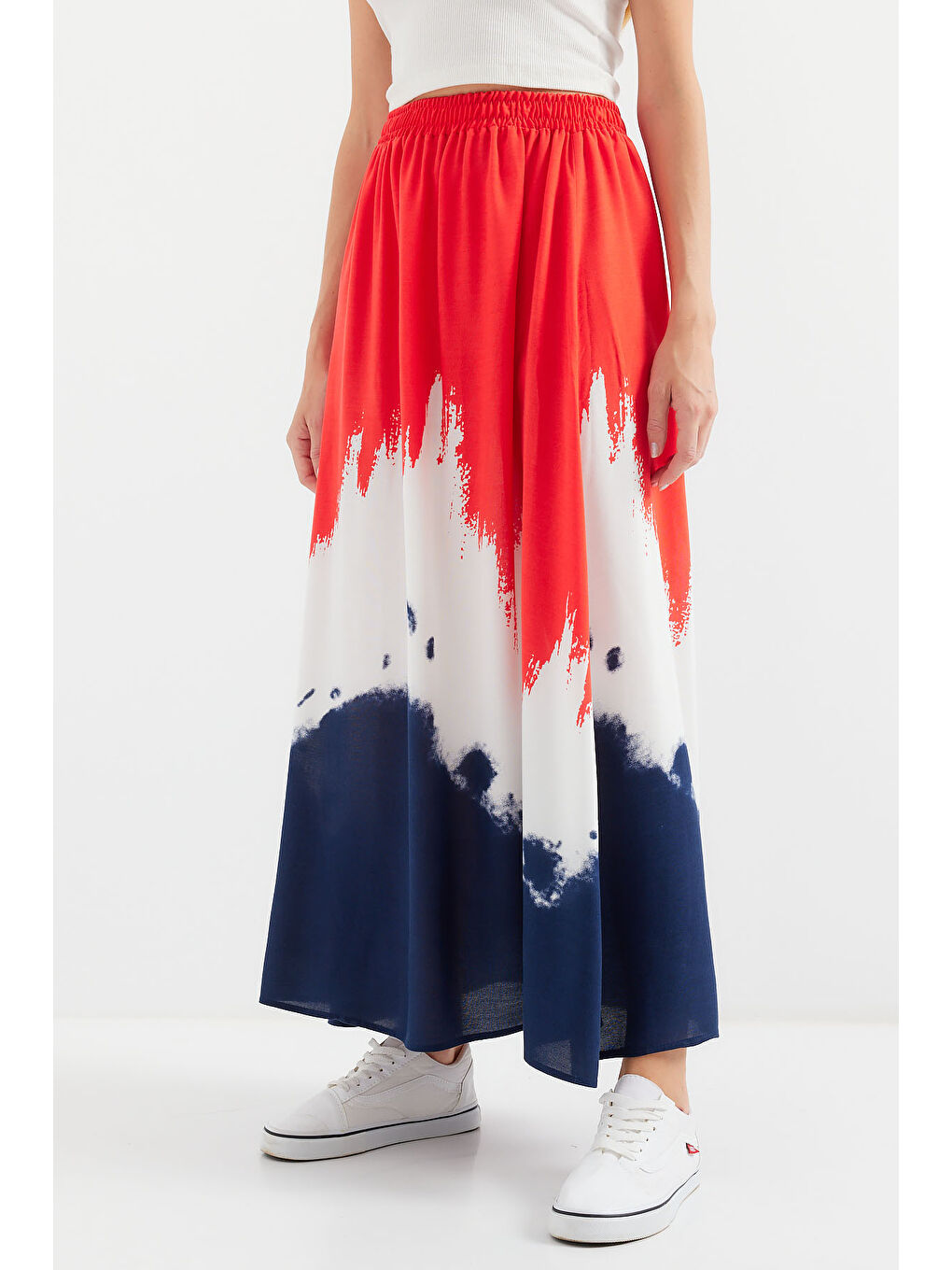 8025 Desenli Uzun Viskon Etek - Kırmızı-3