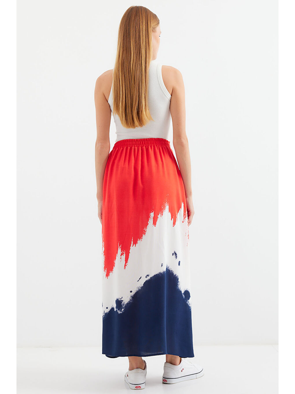 8025 Desenli Uzun Viskon Etek - Kırmızı-5