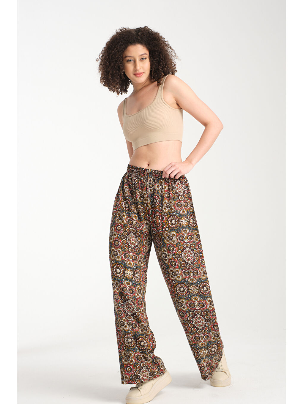 Fuşya Kadın Desenli Dökümlü Viskon Pantolon 1062-1