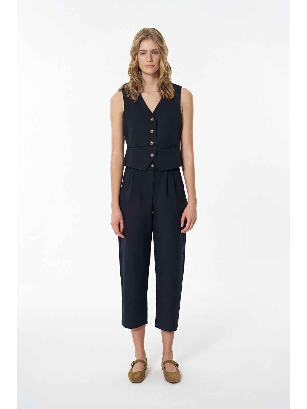 Çift Pileli  Pantolon Lacivert-1