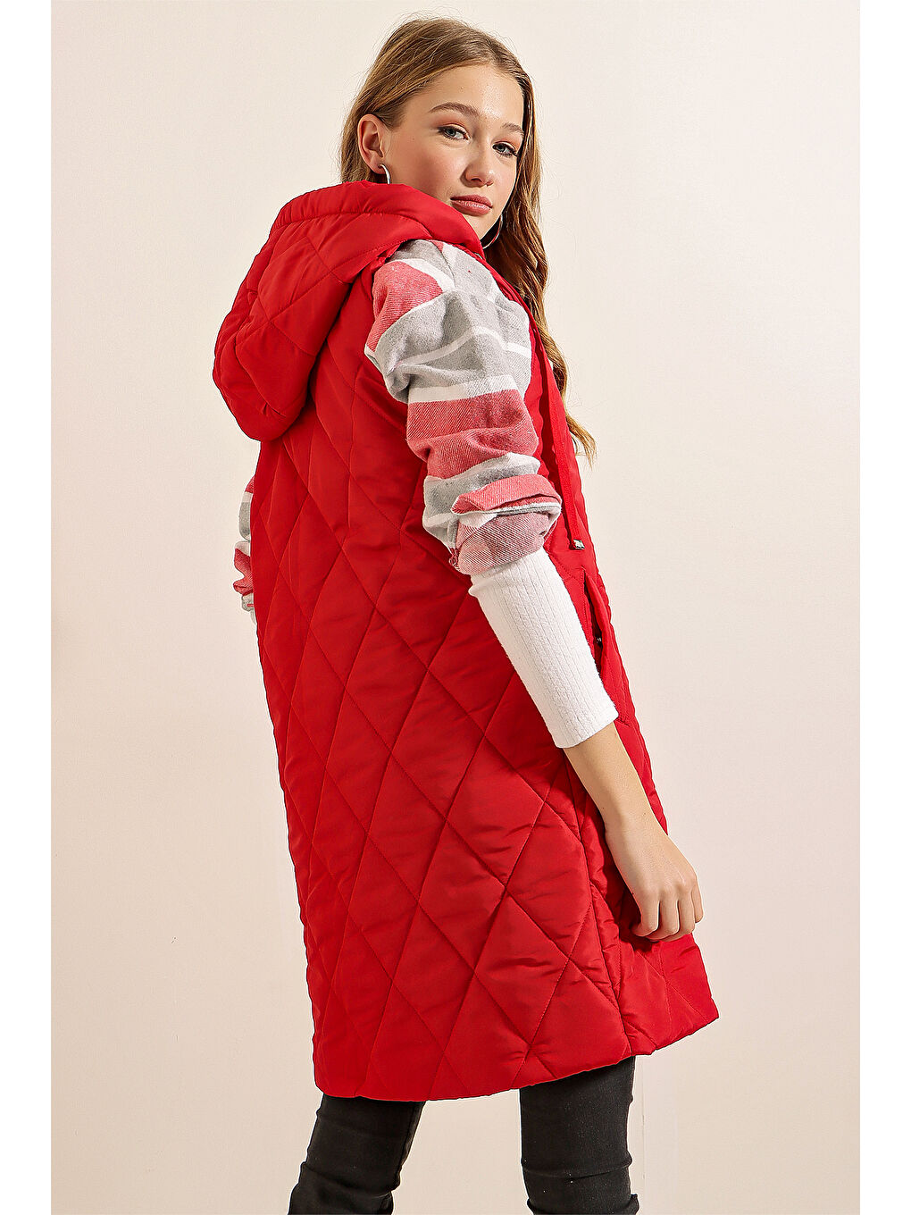 5140 Kapüşonlu Uzun Şişme Yelek   Kırmızı-6