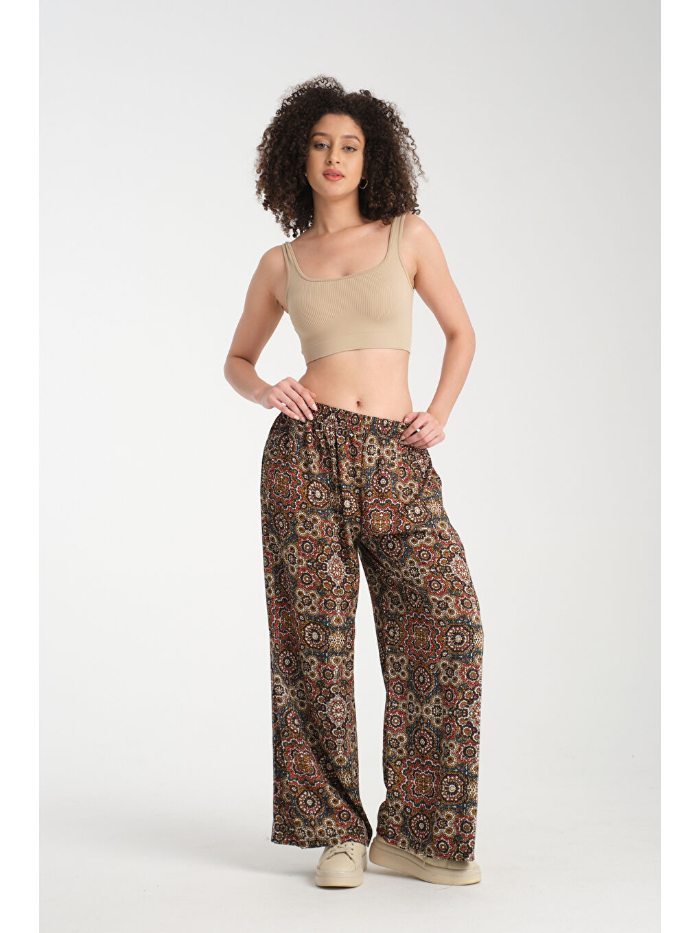 Fuşya Kadın Desenli Dökümlü Viskon Pantolon 1062-4