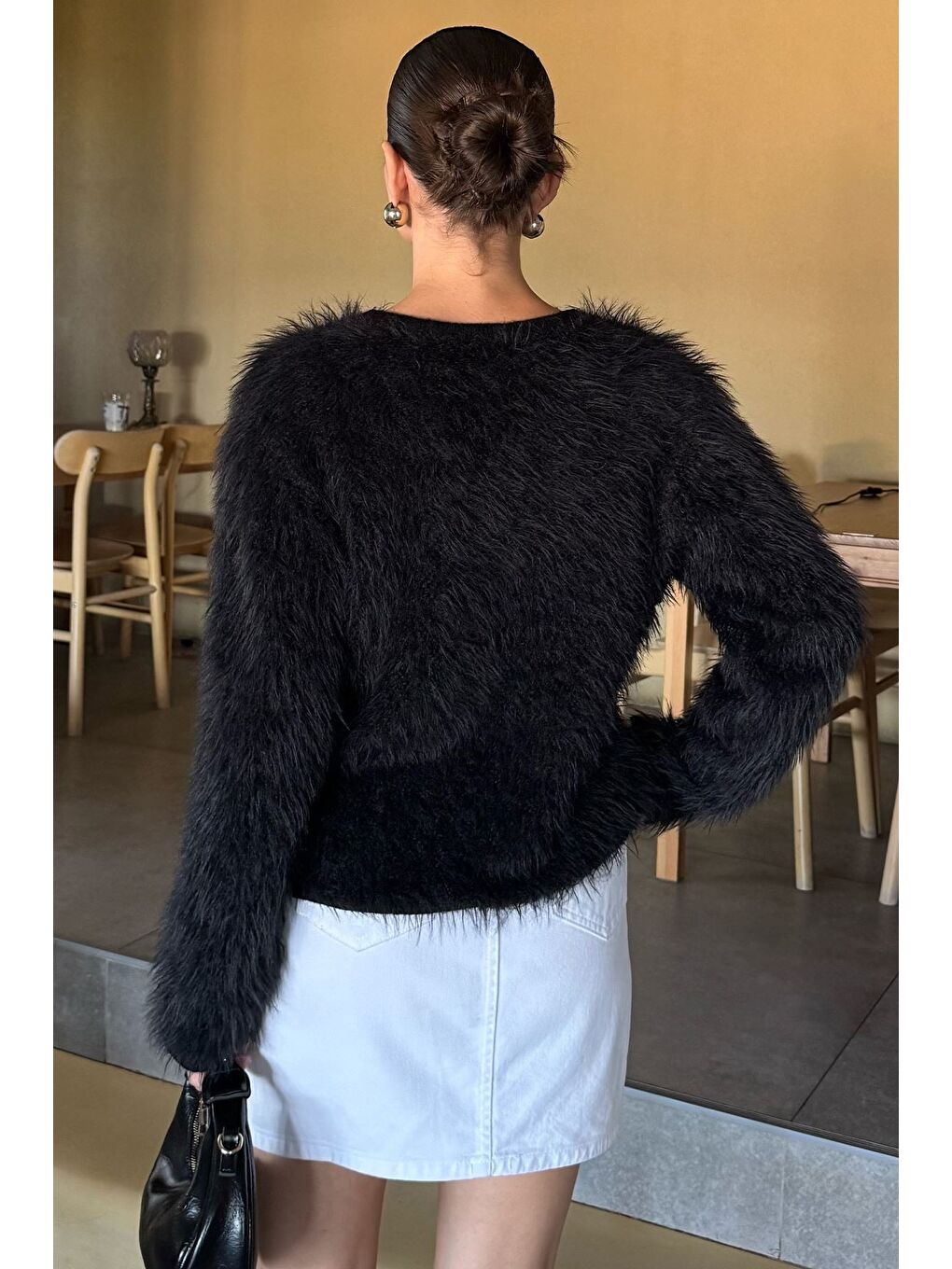 Siyah Kadın Çift Cepli Gold Düğme Detaylı Sakallı Yumoş Triko Hırka (s-m-l-xl Beden Uyumludur.)-3