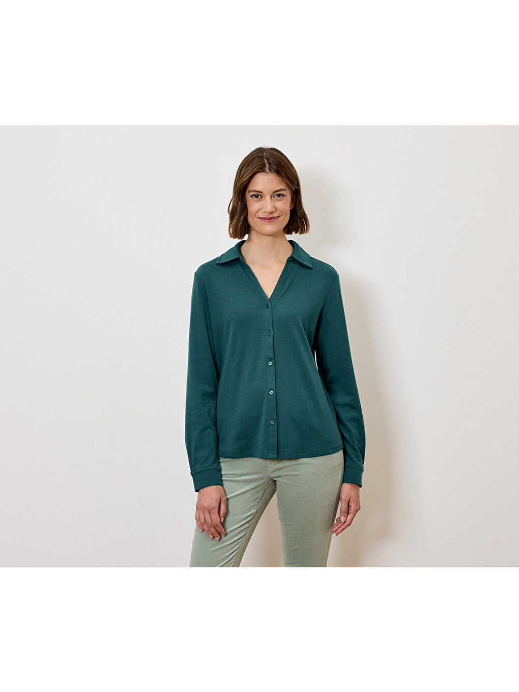 Kadın Bluz, Uzun Kol, Düğmeli, Petrol