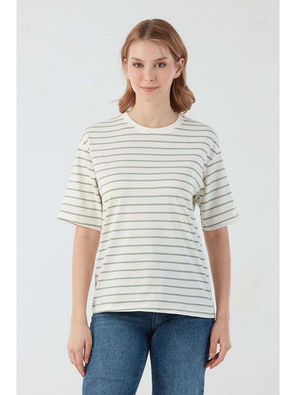 Yeşil Çizgili Bisiklet Yaka Oversize Tişört