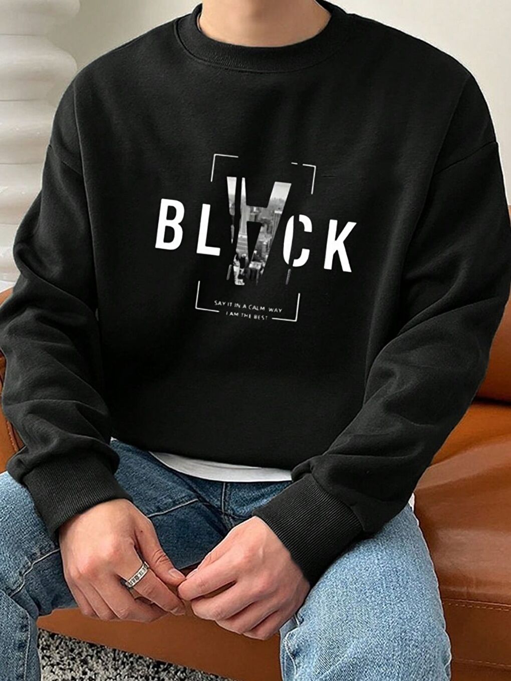 Gece Siyahı Black Baskılı Bisiklet Yaka Sweatshirt