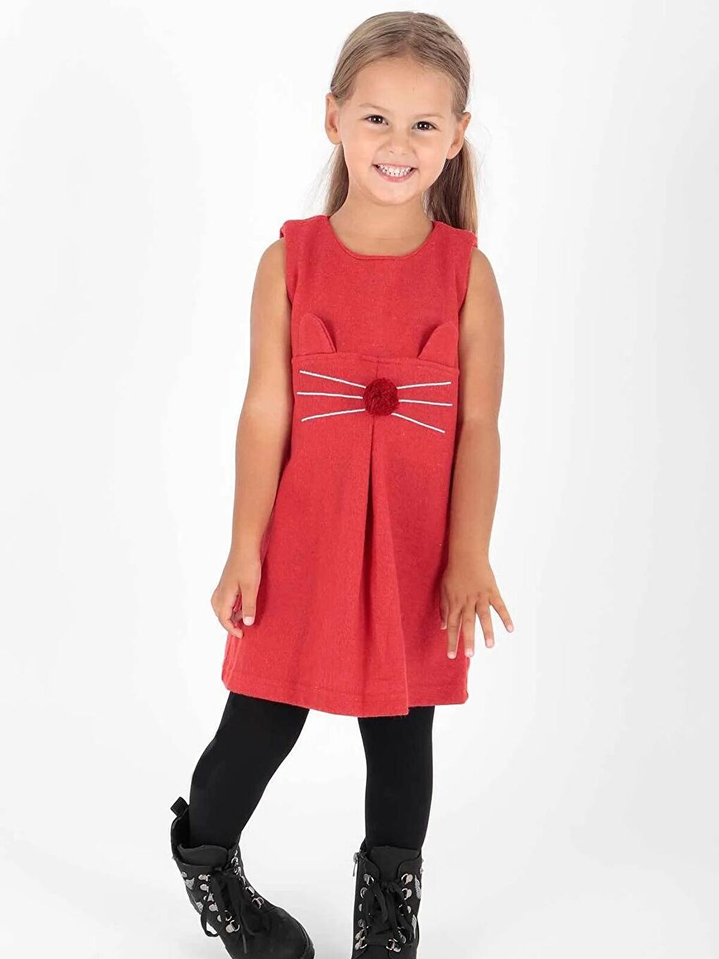 Kırmızı AHENK KİDS AK520566 KIZ KEDİ BASKILI ELBİSE-2