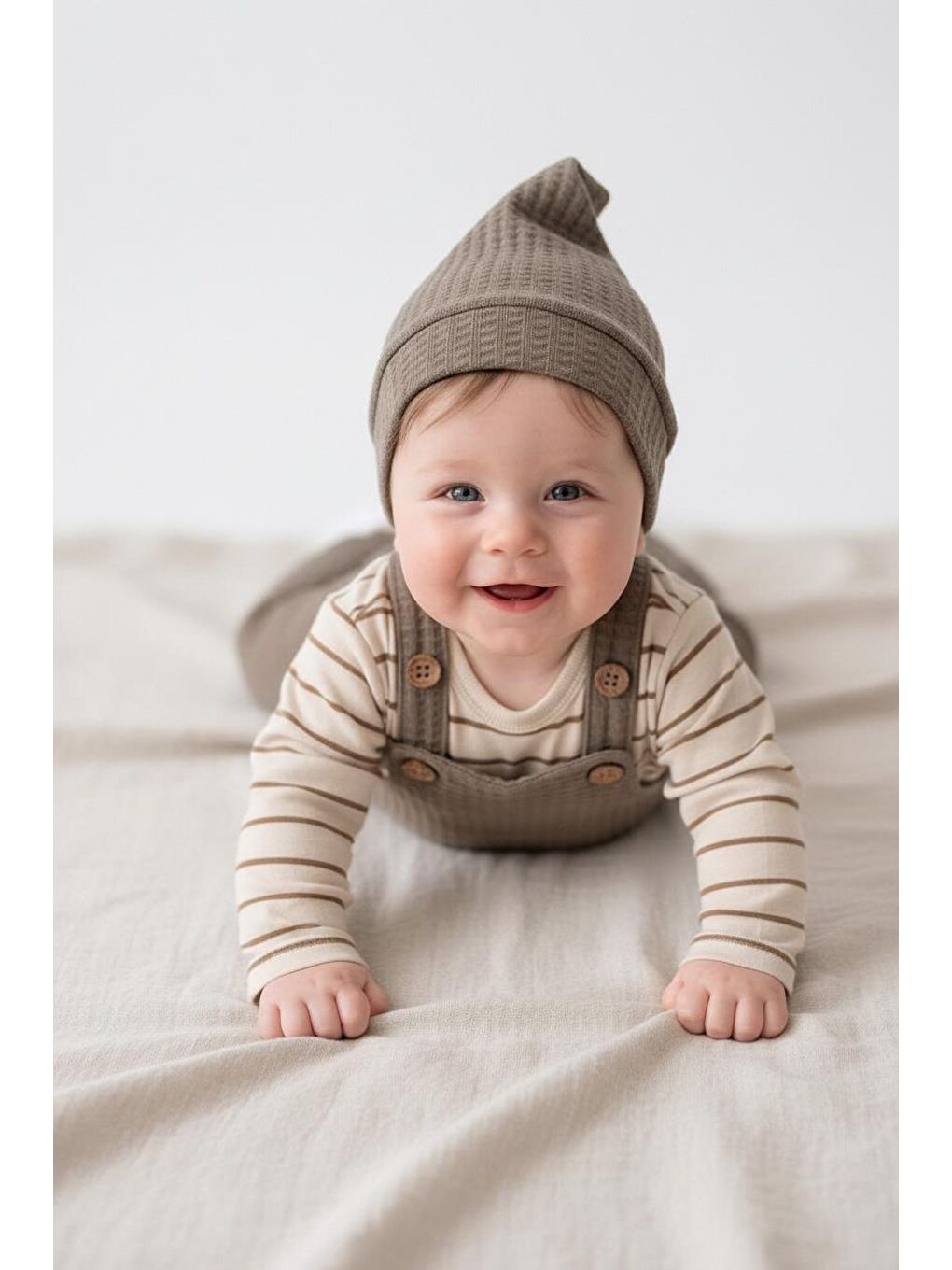 Bej Elastanlı Gofre Salopet Sweat Bere 3lü Takım-1