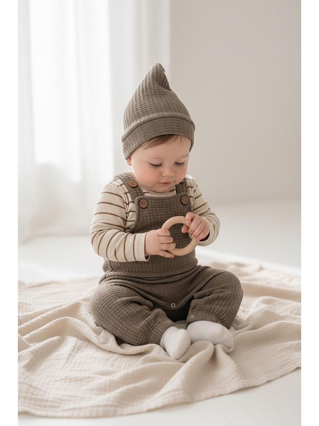 Bej Elastanlı Gofre Salopet Sweat Bere 3lü Takım-2