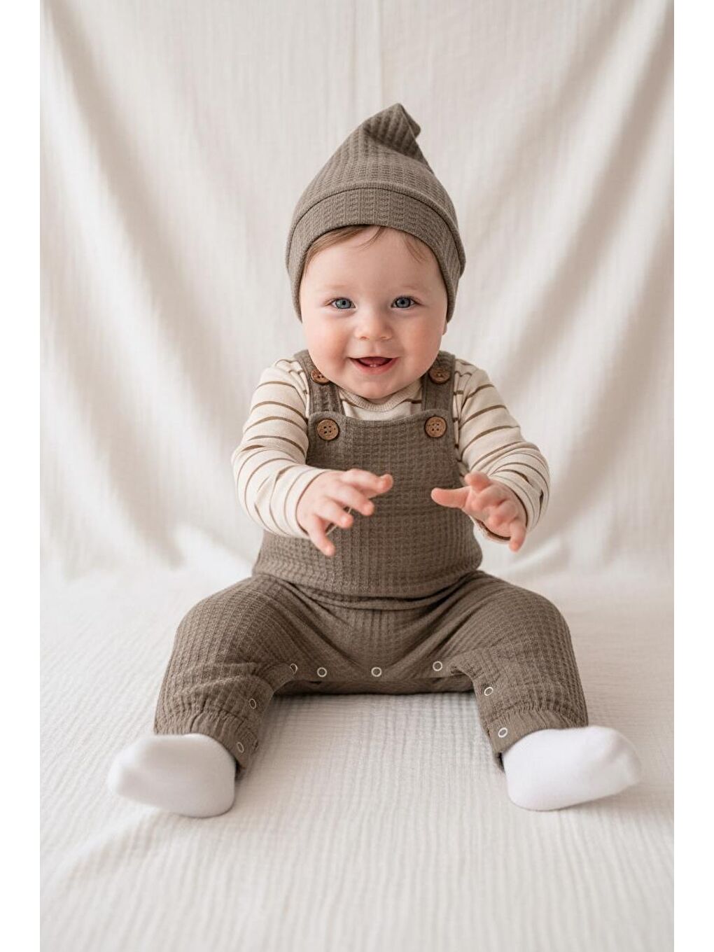 Bej Elastanlı Gofre Salopet Sweat Bere 3lü Takım-3