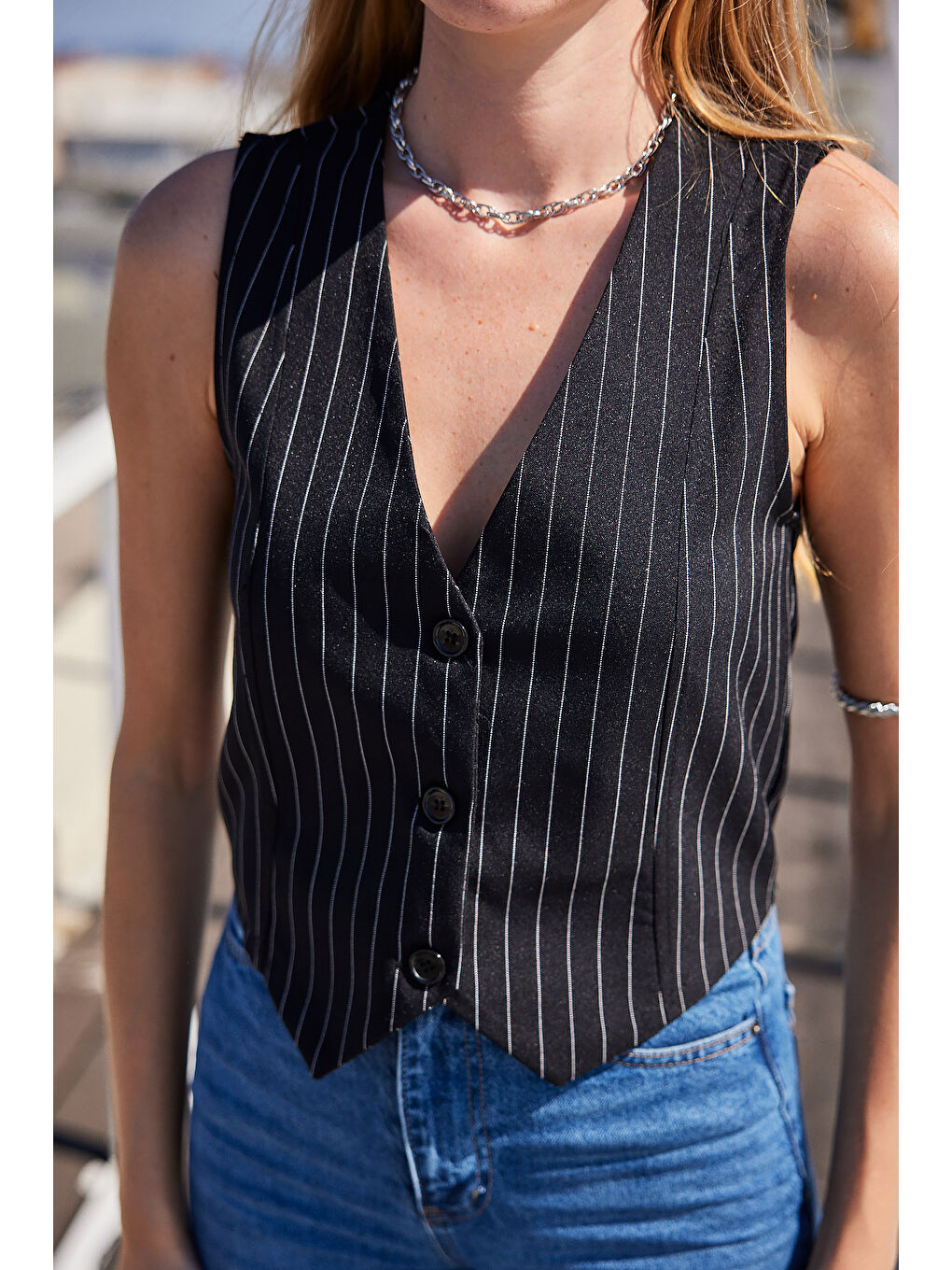 6794 Çizgili Dokuma Yelek - Siyah-4