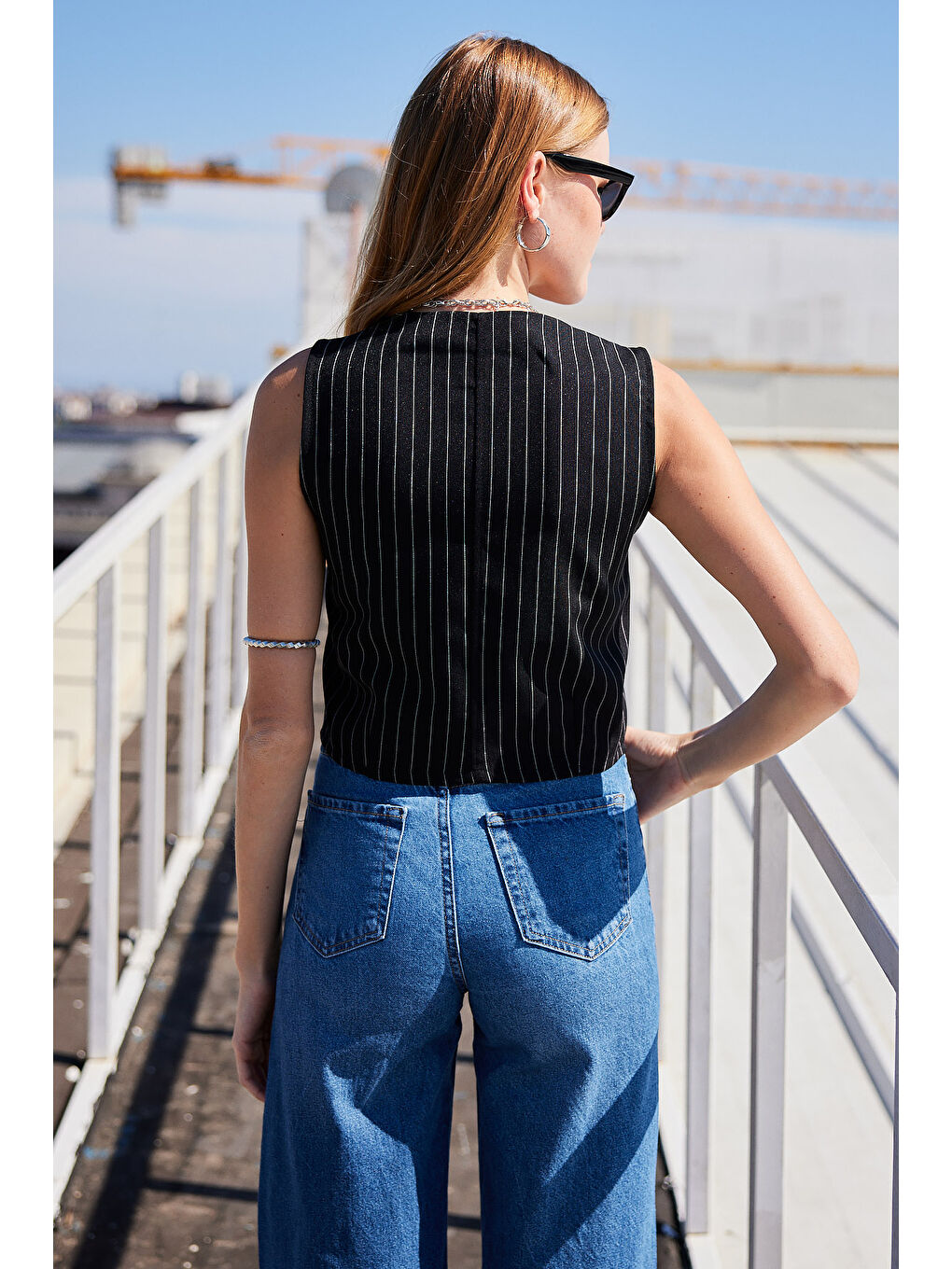 6794 Çizgili Dokuma Yelek - Siyah-5