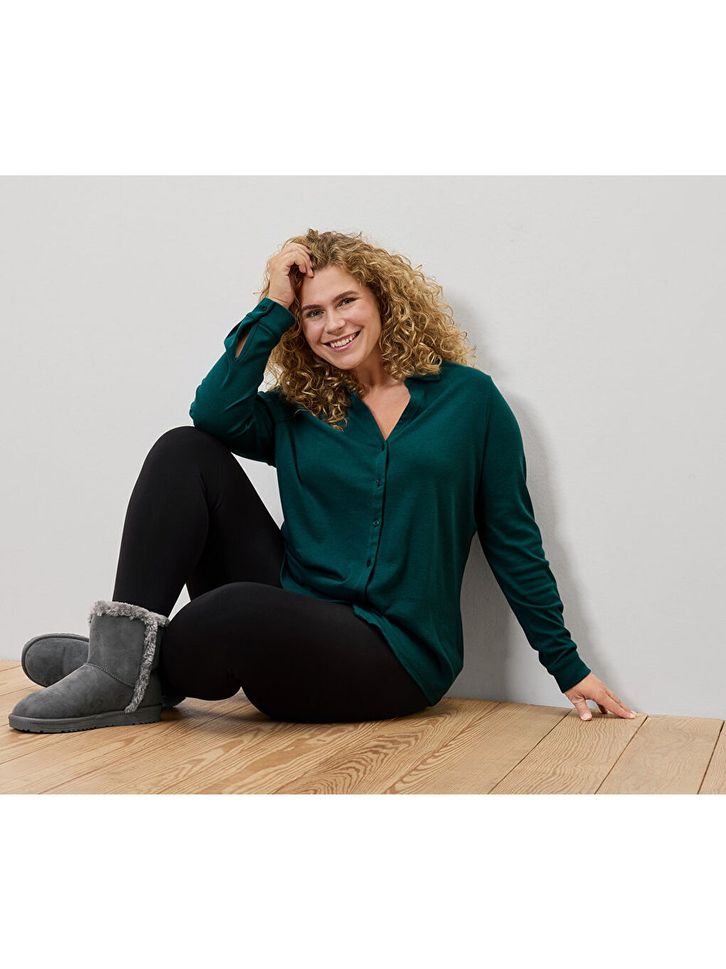 Kadın Bluz, Uzun Kol, Düğmeli, Petrol-3