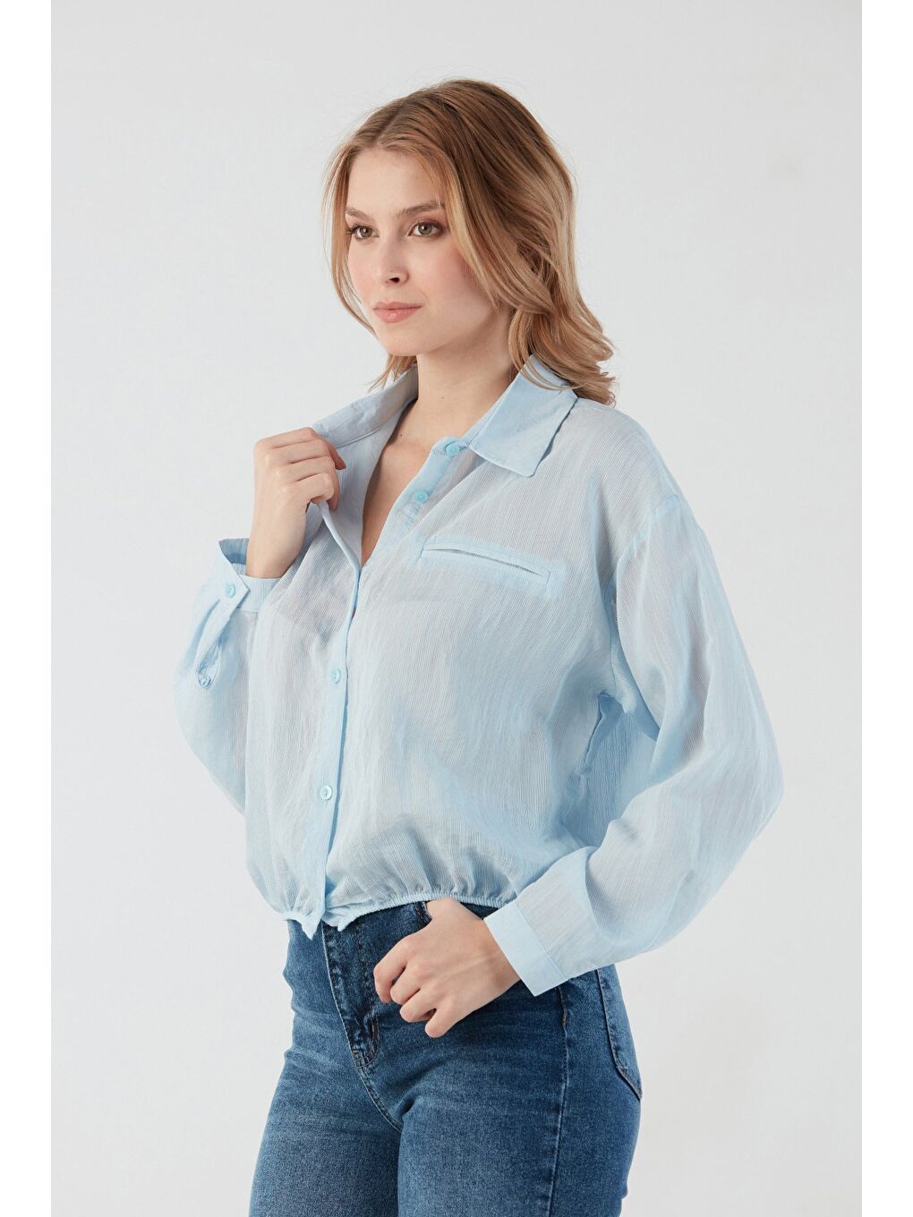 Mavi Basic Beli Lastikli Cep Detaylı Gömlek-1