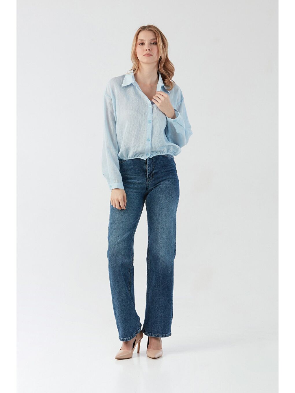 Mavi Basic Beli Lastikli Cep Detaylı Gömlek-3