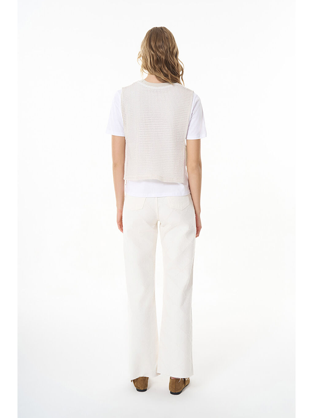 Ajur Triko Yelekli Tişört Beyaz-4