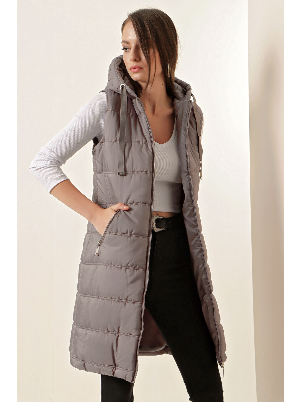 5140 Kapüşonlu Uzun Şişme Yelek   Gri-1