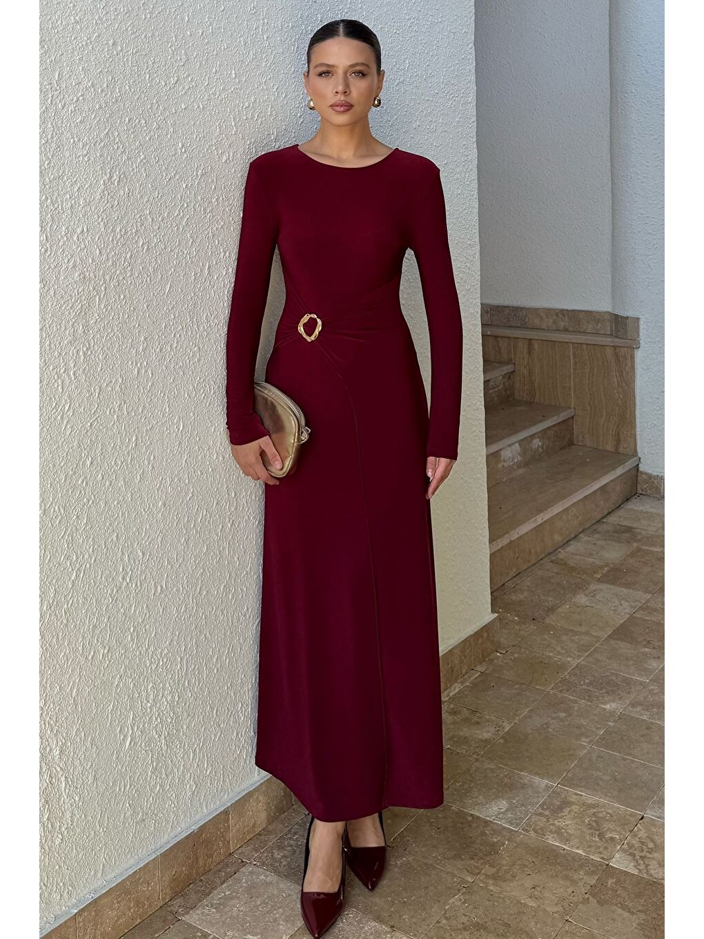 Bordo Kadın Bel Tokalı Elbise
