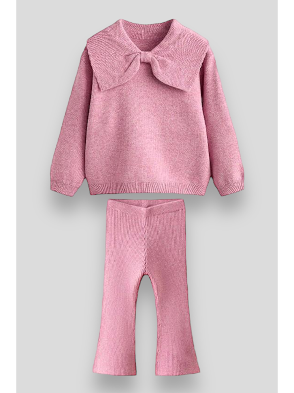 Pembe Triko Fiyonk Desenli Kışlık Pamuklu Sweatshirt Tayt Alt-Üst Takım Kız Çocuk