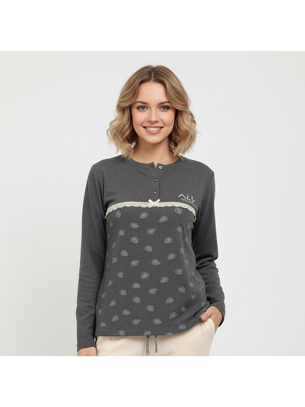Kadın Pamuklu Gri Melanj Desenli Renk Pijama Takımı Al506 V2-4