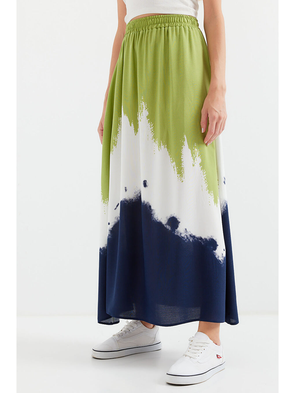 8025 Desenli Uzun Viskon Etek - Yeşil-3