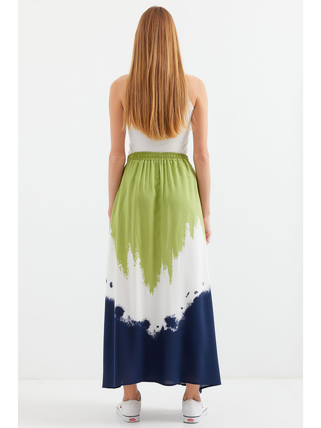 8025 Desenli Uzun Viskon Etek - Yeşil-5