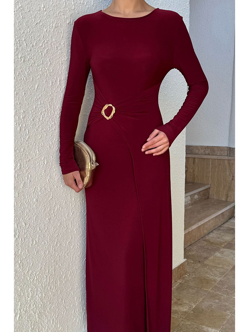 Bordo Kadın Bel Tokalı Elbise-1
