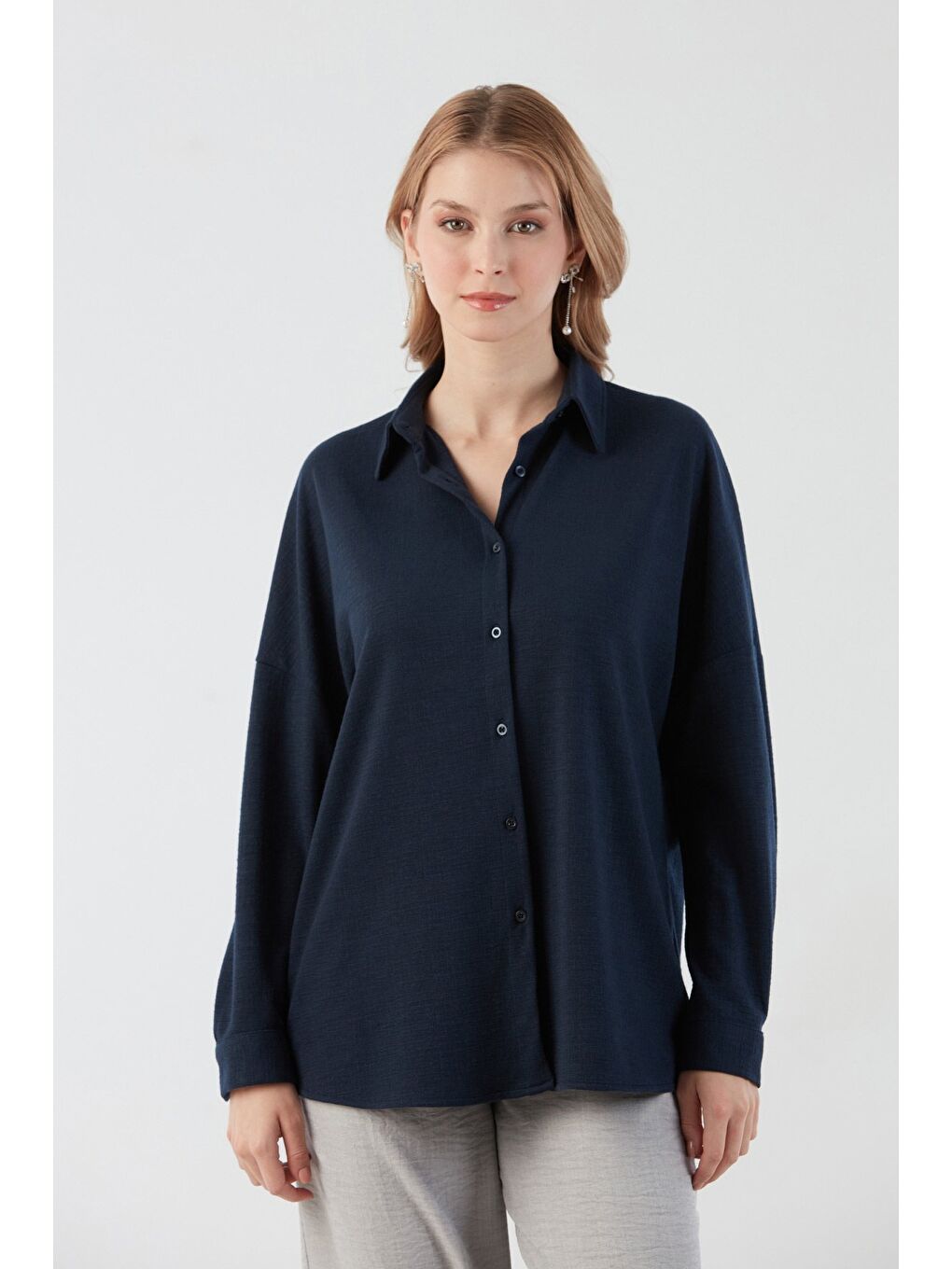 Lacivert Basic Jakarlı Oversize Gömlek