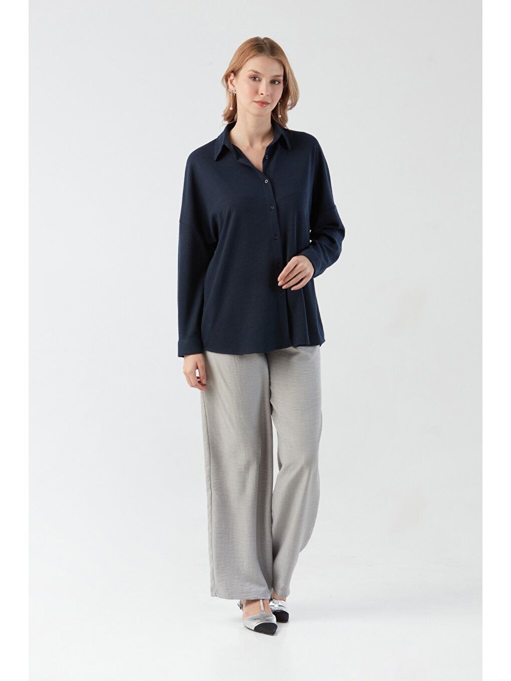 Lacivert Basic Jakarlı Oversize Gömlek-2