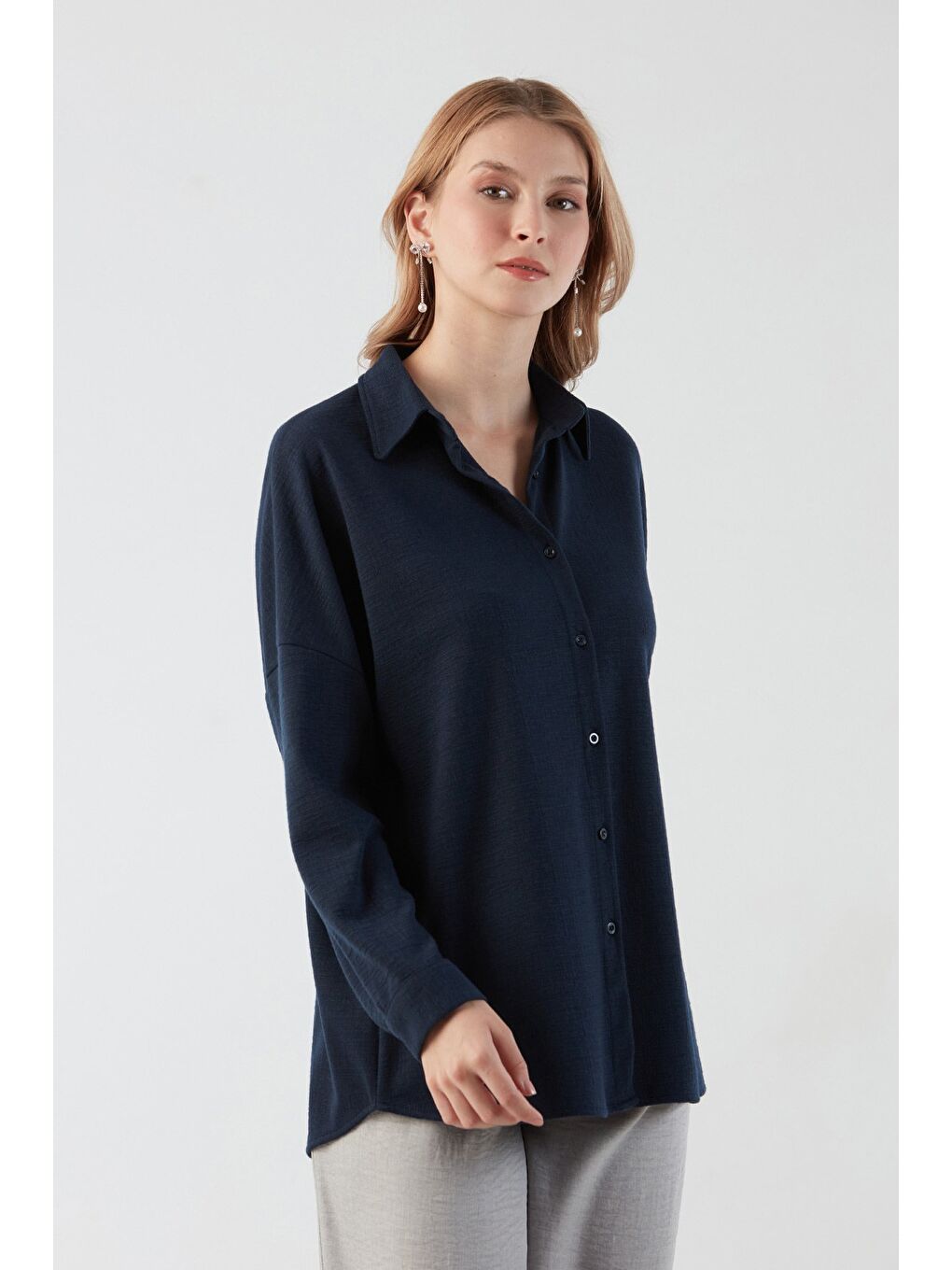 Lacivert Basic Jakarlı Oversize Gömlek-3