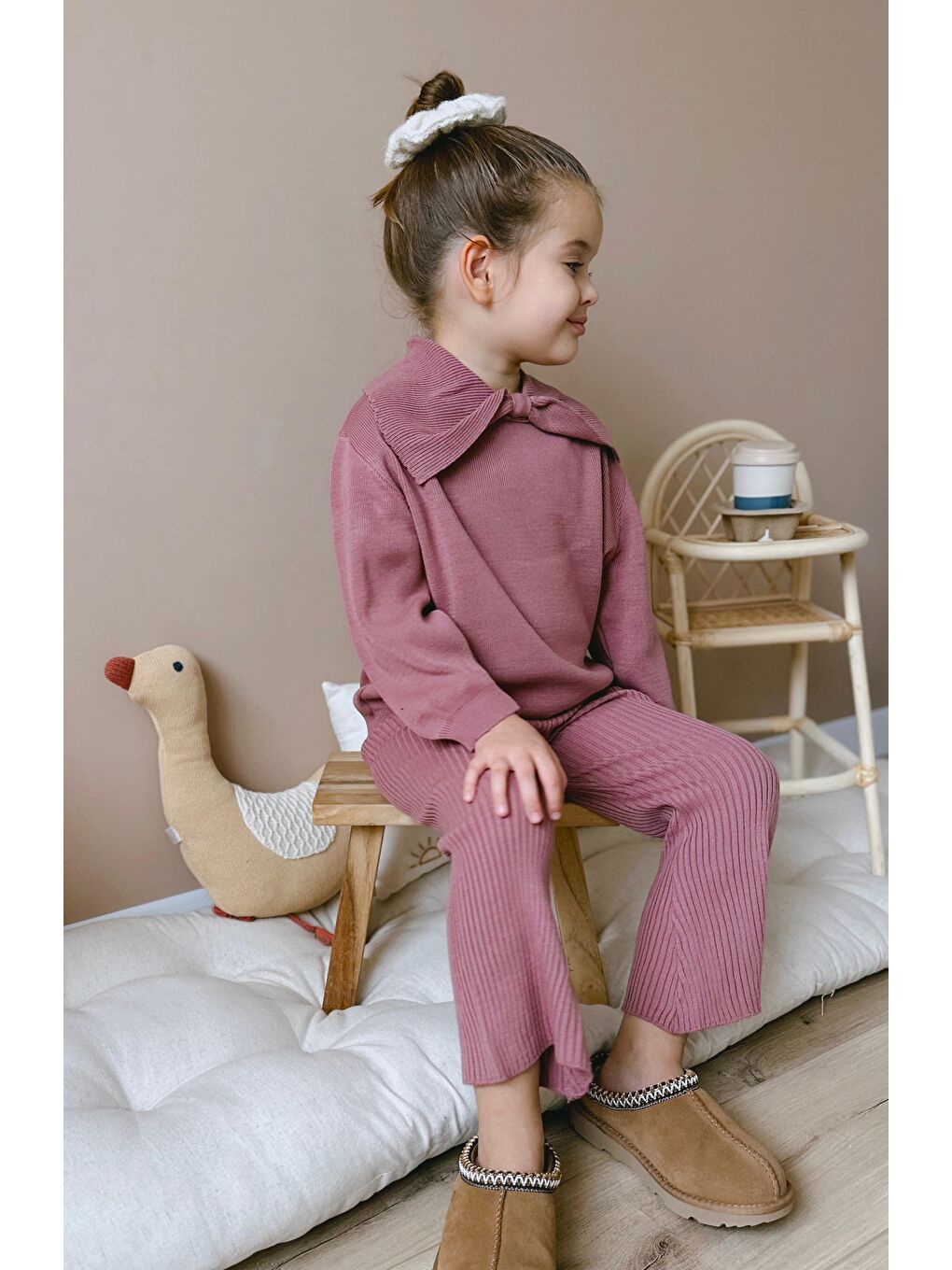 Pembe Triko Fiyonk Desenli Kışlık Pamuklu Sweatshirt Tayt Alt-Üst Takım Kız Çocuk-1