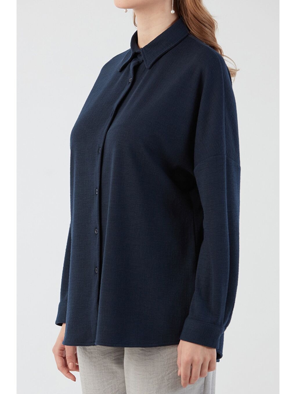 Lacivert Basic Jakarlı Oversize Gömlek-4