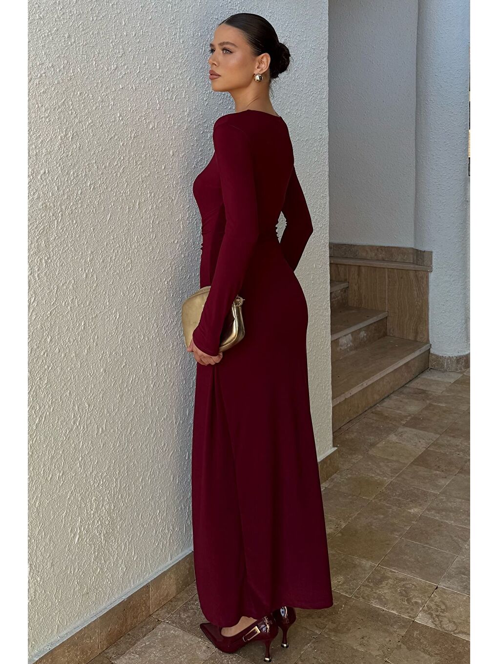 Bordo Kadın Bel Tokalı Elbise-3