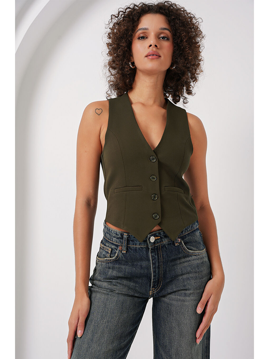 6796 Kısa Dokuma Yelek - Haki-1