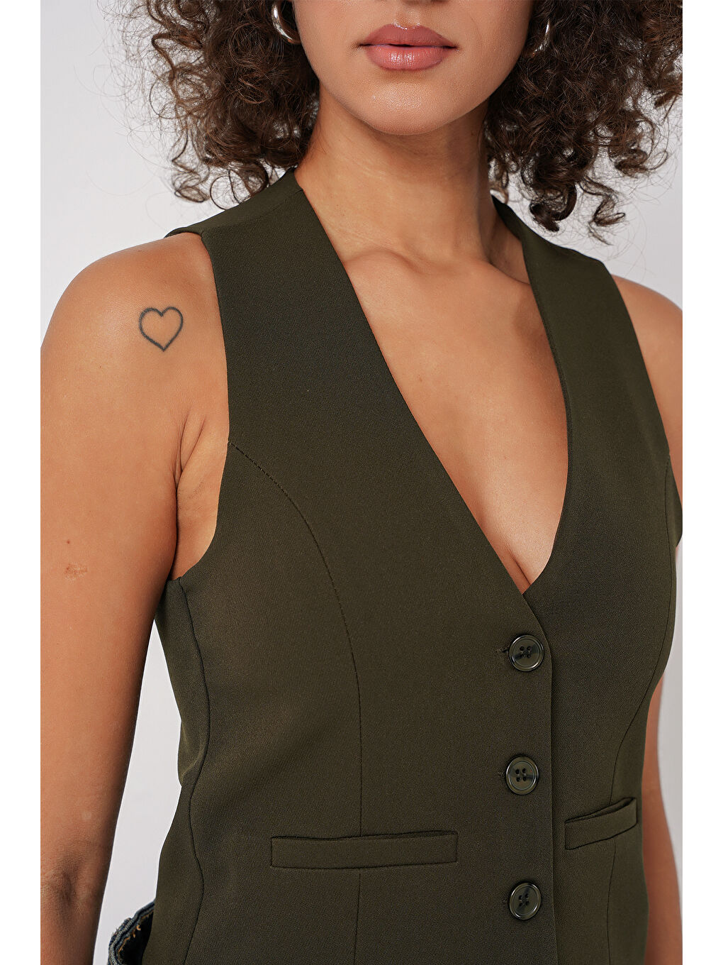 6796 Kısa Dokuma Yelek - Haki-3