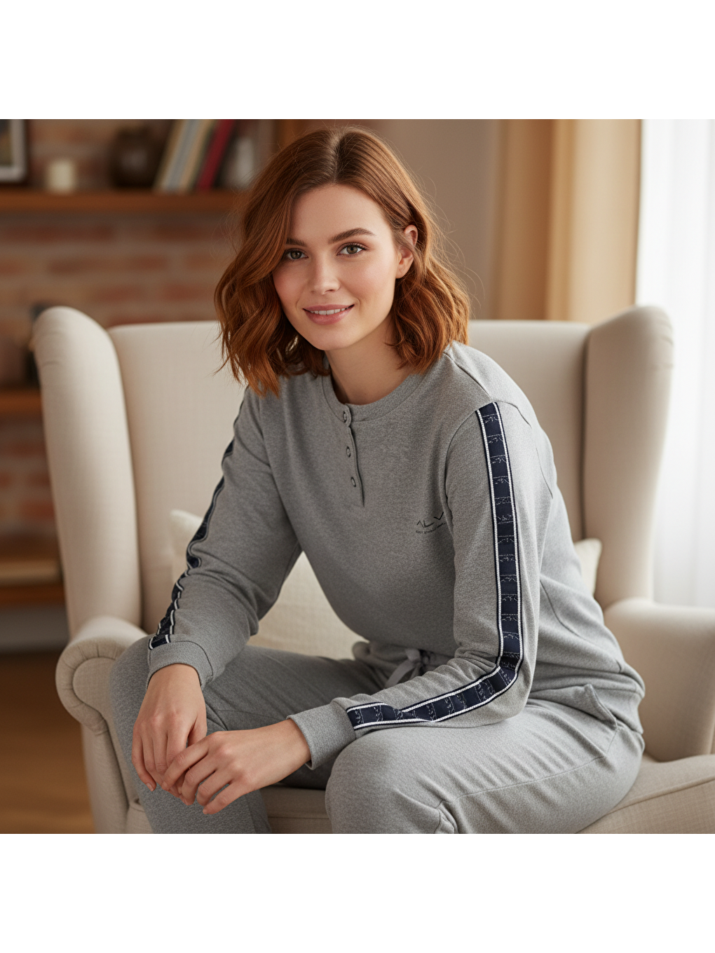 Kadın Pamuklu Gri Renk Pijama Takımı Al507 V2-1
