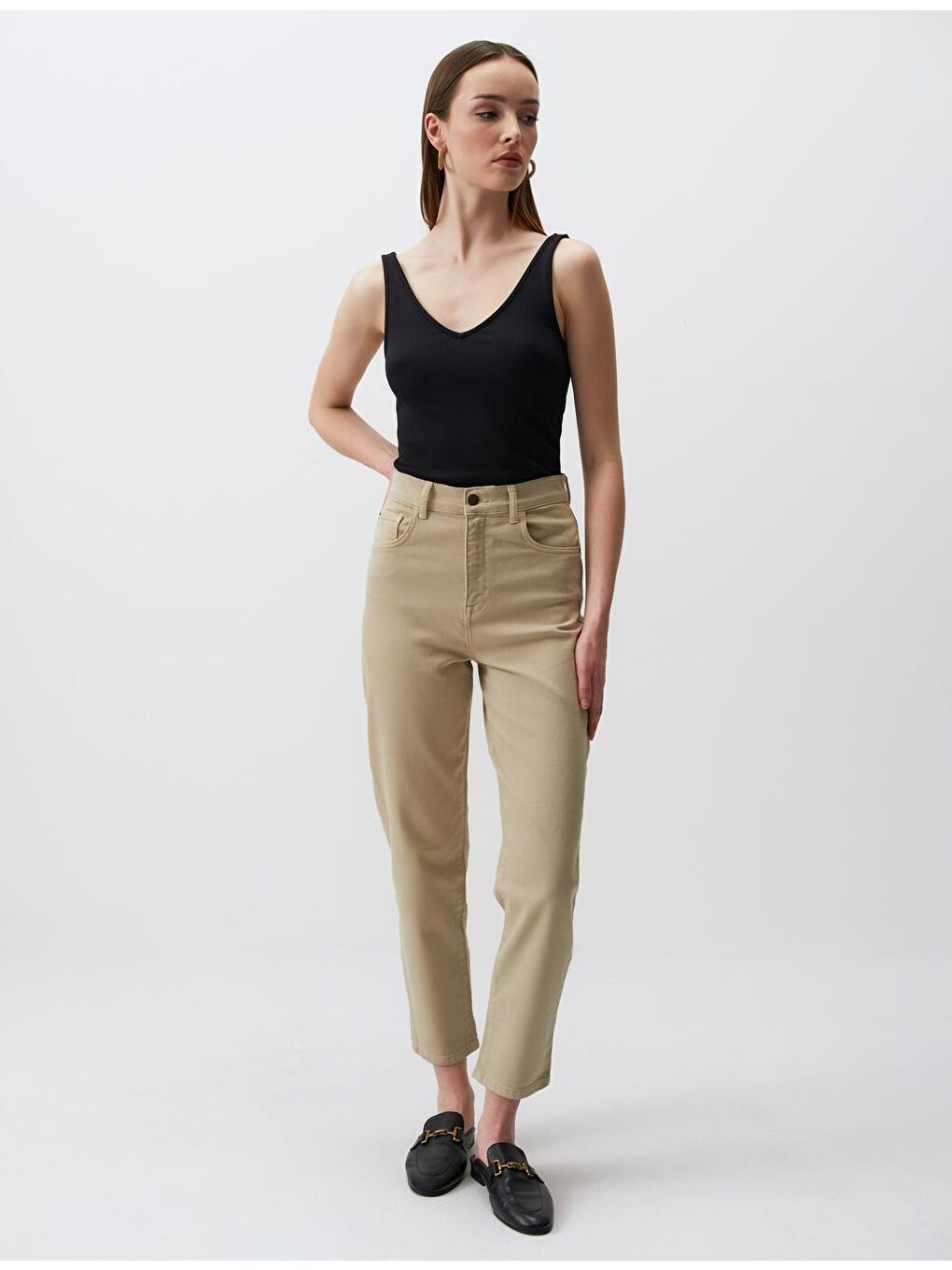 Bej Yüksek Bel Cepli Jean Pantolon