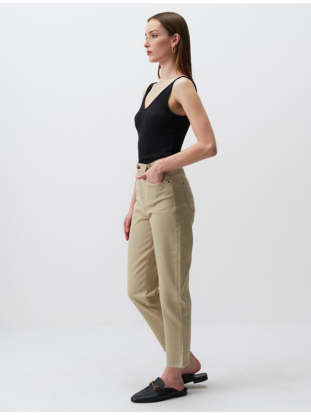 Bej Yüksek Bel Cepli Jean Pantolon-1