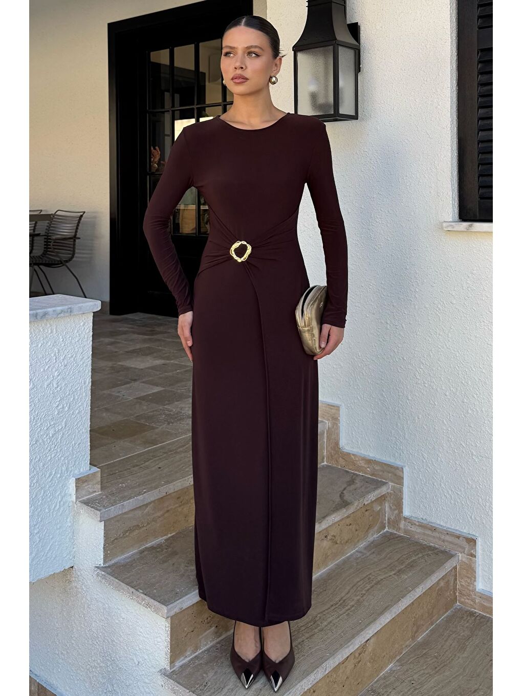 Kahverengi Kadın Bel Tokalı Elbise